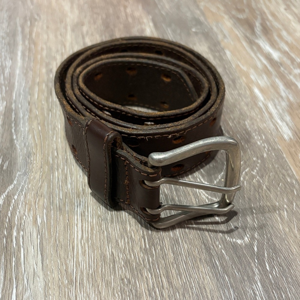 Dark Brown Leather Double Prong Belt Rugged Workwear Style 42 Inch